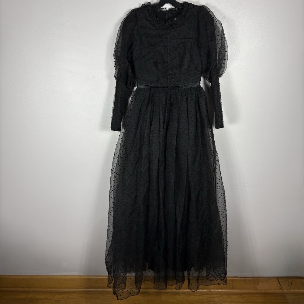 Loreen Fashion Women's 36 Black Polka Dot Juliet Sleeve Tulle Lace Maxi Dress